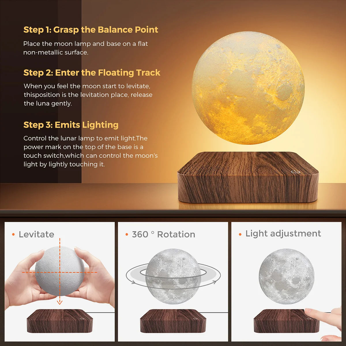 Magnetic Floating Levitating Moon 3D LED Night Light - Enchanting Home & Office Decor with Wooden Base & 3 Color Temperatures - Ideal Gift!