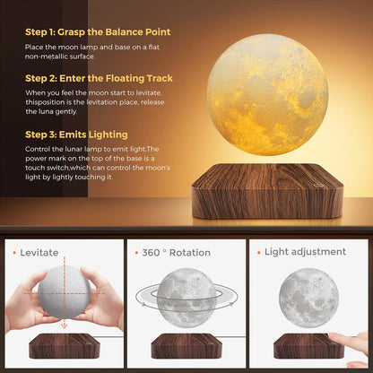 Magnetic Floating Levitating Moon 3D LED Night Light - Enchanting Home & Office Decor with Wooden Base & 3 Color Temperatures - Ideal Gift!
