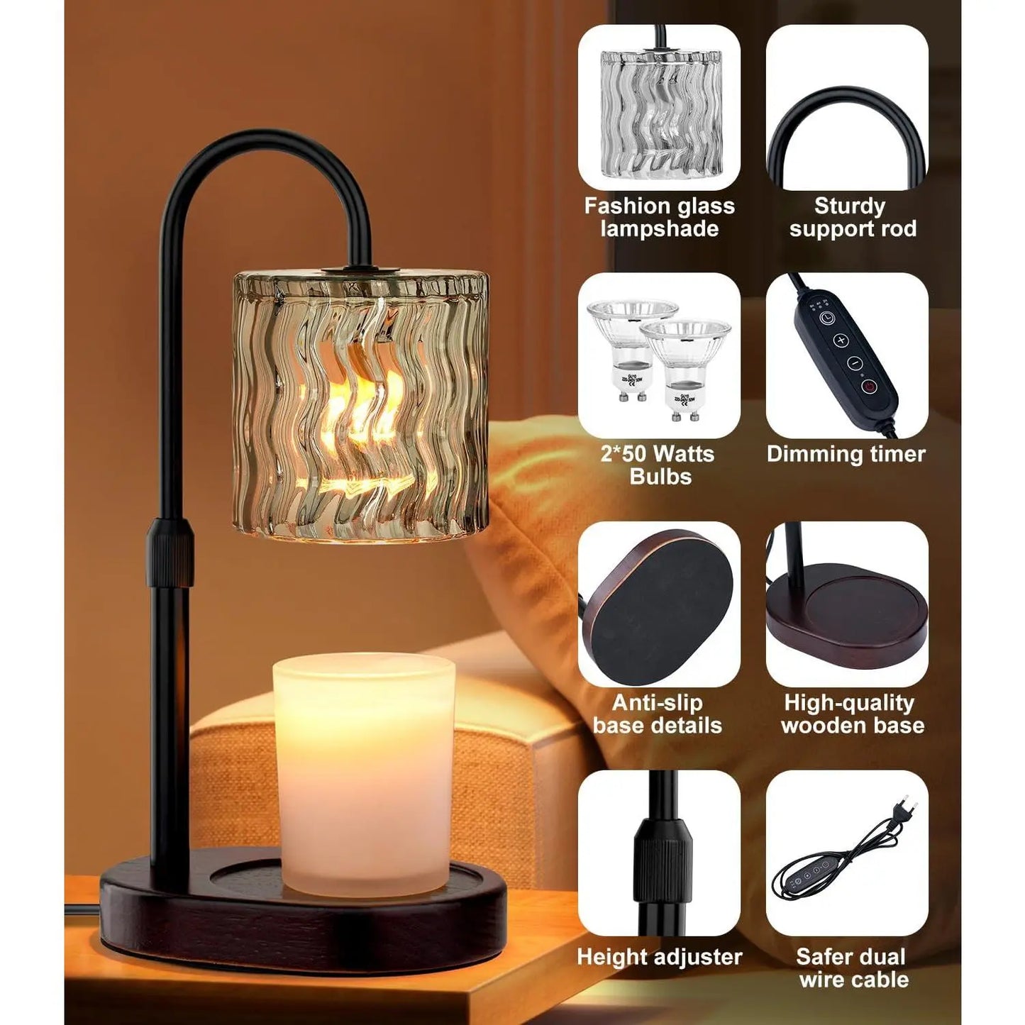Versatile Adjustable Electric Candle Warmer with Timer - Flameless Aromatherapy Wax Melter & Stylish Home Decor Lamp